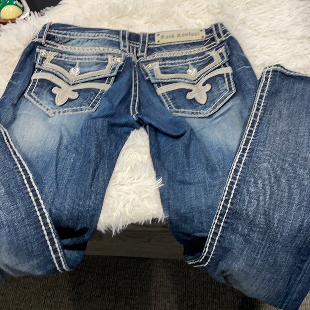 Gold and white bling pocket rock revival jeans